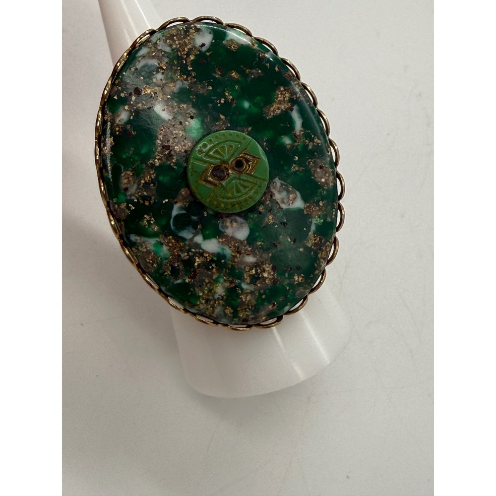 Vintage Green Gold Fleck Art Glass Statement Ring Ornate Adjustable Band Large